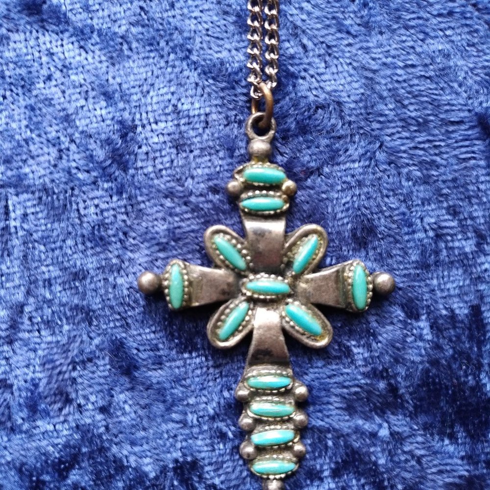 Vintage Florenta of California silver cross necklace turquoise